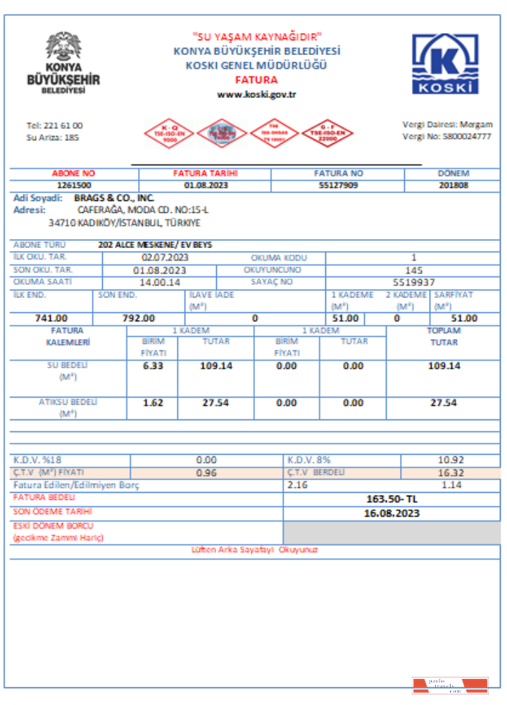 Turkey water utility business bill,  SCR PSD template